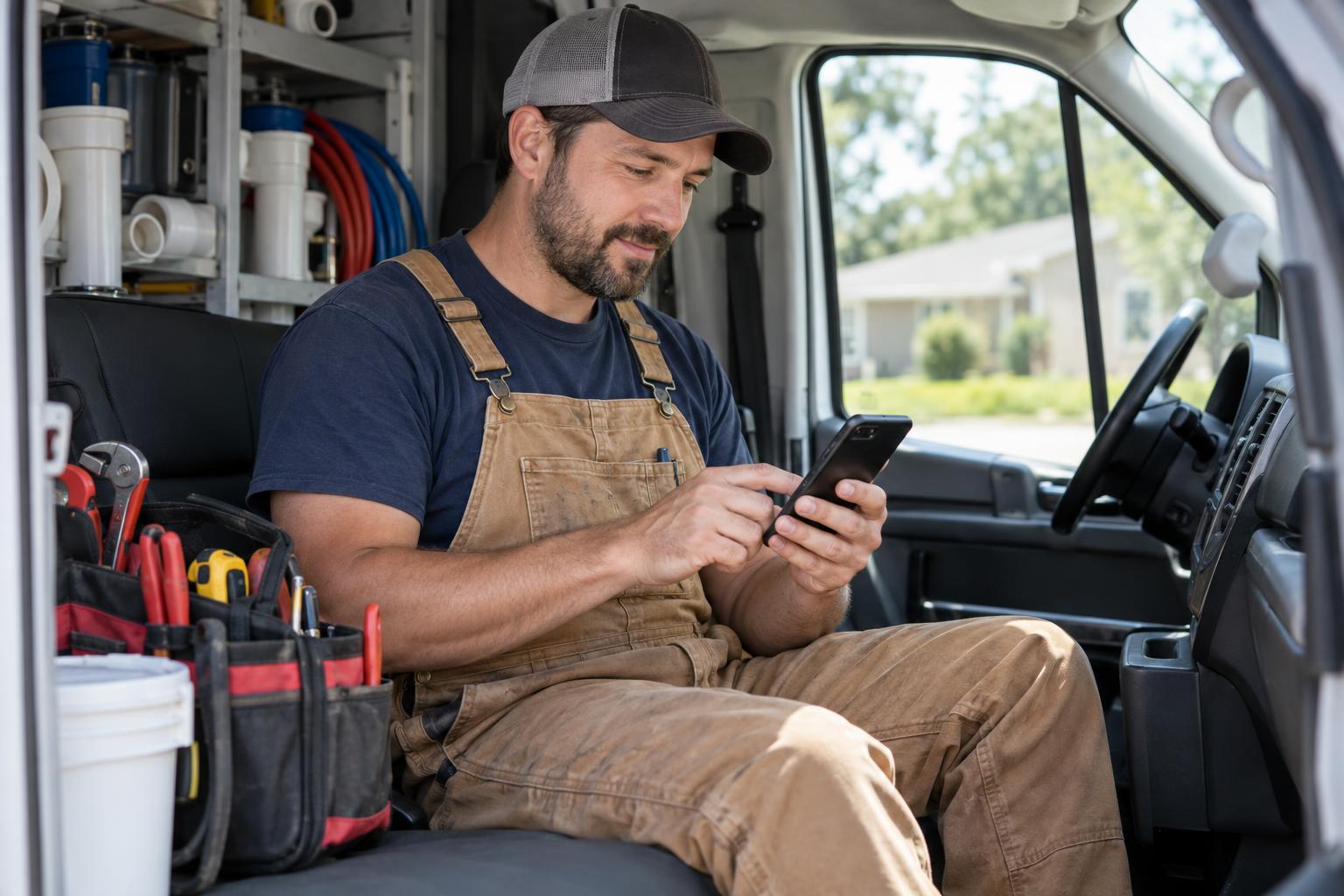 Contractor reviewing missed-call text message templates on Android
